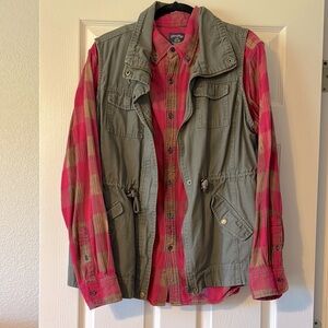 Green Utility Vest with hand bleached hot pink Plaid Shirt. Made to look worn.